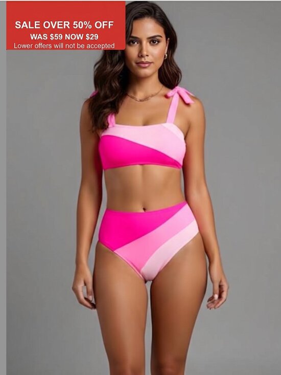 By Design Other - Pink Color Block Tie Shoulder Bikini Swimsuit